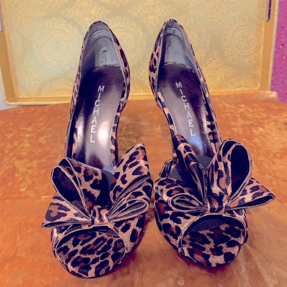 Satin Silky Leopard Pinup Heels with Bows